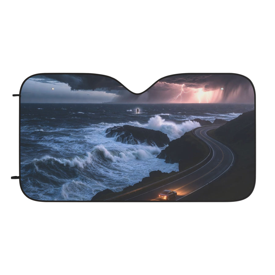 Coastal Storm Scenic Car Sun Shade — Ocean Waves & Lightning Windshield Cover