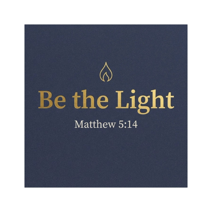 Be the Light Matthew 5:14 car magnet with a gold flame on deep navy